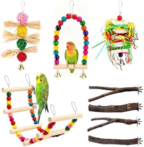 8 Pcs Natural Wood Bird Toys & Perches Set for Cages