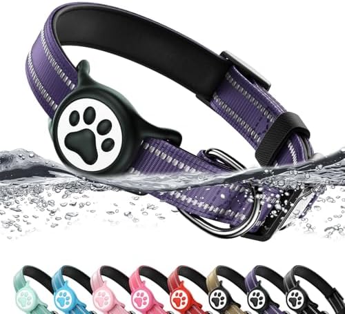 Premium Airtag Dog Collar，with IP68 Waterproof AirTag Holder,Purple,M