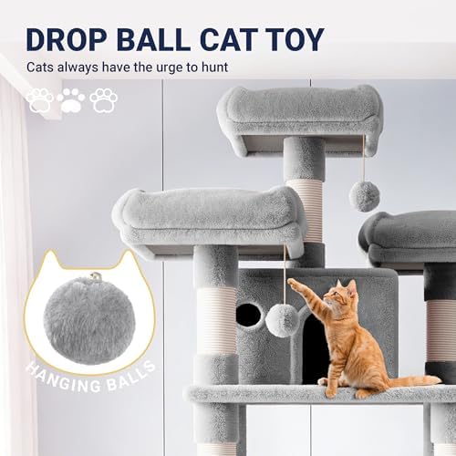 Allewie 82 Inches Large Cat Tree/House/XXL Tall Cat Towers for Big Feline/Scratching Post/Multi-Level Large Kitty Climbing Tree with Condo/Light Grey