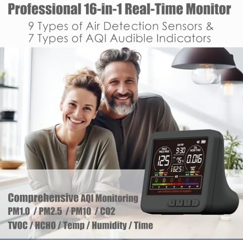 Professional 16-in-1 Portable Indoor Air Quality Monitor with AQI Reminder, Real-Time Air Detector for Home, Bedroom, Office, Car & Daily Use