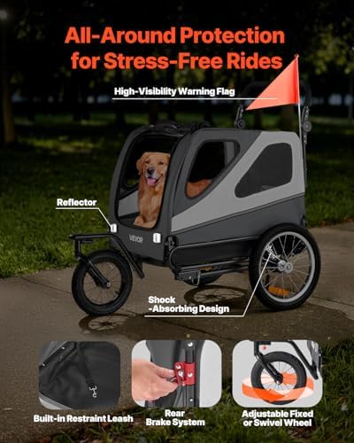 VEVOR Dog Bike Trailer, Supports up to 100 lbs, 2-in-1 Pet Stroller Cart Bicycle Carrier for Small & Large Dogs, Easy Folding Frame with Quick Release Wheel, Universal Bicycle Coupler, Internal Leash