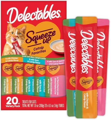 Delectables Squeeze Up Catnip Variety Pack, Creamy Squeezable Puree, Lickable Wet Cat Treats, Grain Free, No Added Fillers, No by-Products, No Added Preservatives, 0.5 Ounces Tube, 20 Tubes Total