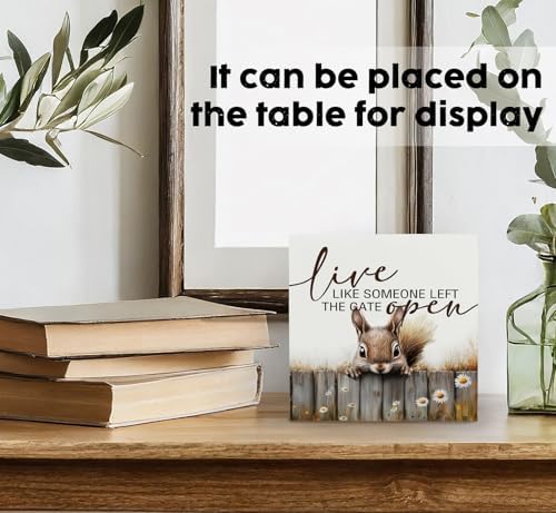 Squirrel Sign - Squirrel Gifts For Women, Live Like Someone Left The Gate Open Wooden Box Signs, Farmhouse Wood Decoration Home Decor For Desk Table Shelf 5x5 Inch