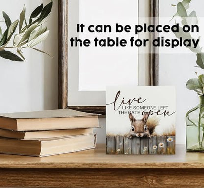 Squirrel Sign - Squirrel Gifts For Women, Live Like Someone Left The Gate Open Wooden Box Signs, Farmhouse Wood Decoration Home Decor For Desk Table Shelf 5x5 Inch