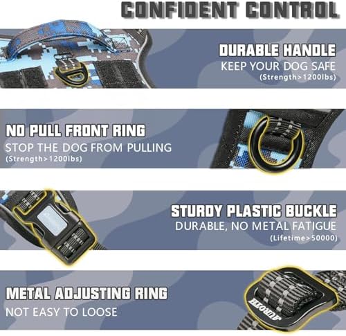 Auroth Tactical Dog Training Harness No Pulling Front Clip Leash Adhesion Reflective K9 Pet Working Vest Easy Control for Small Medium Large Dogs Blue Camo M