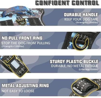 Auroth Tactical Dog Training Harness No Pulling Front Clip Leash Adhesion Reflective K9 Pet Working Vest Easy Control for Small Medium Large Dogs Blue Camo M