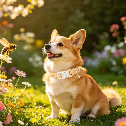Bee Cotton Dog Collar, Summer Spring Bee Floral Pattern,Adjustable Soft Pet Collar with Cute Charm/Durable Buckle, Lightweight Comfortable for Small Medium Large Dogs