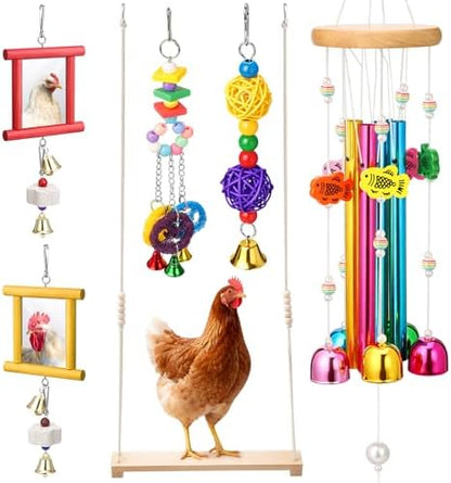 Soulchen 6 Pieces Chicken Toys for Coop Chicken Wind Chime Enrichment Toys Kits Chick Mirror with Bells Swing Hanging Chick Rattan Ball Loofah Bell for Coop Hens Chicks Poultry Birds Parrots