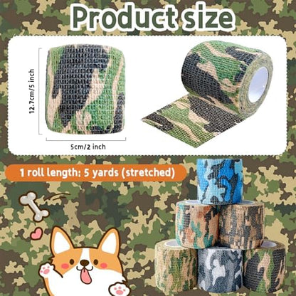 6 Pack 2 Inch x 5 Yards Camouflage Pet Vet Wrap for Dogs, Cats, Horses, Colorful Non-Woven Self-Adhesive Cohesive Bandage Rolls Set for Wound Care, Ankle Sprains, Swelling, and First Aid Protection