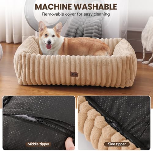 Dog Bed Medium Size Dog, Rectangle Orthopedic Pet Bed for Car and Indoor, Comfort Fluffy Memory Foam Dog Beds with Anti-Slip Bottom, Camel (30x24x8 inches)
