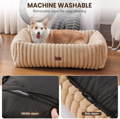 Dog Bed Medium Size Dog, Rectangle Orthopedic Pet Bed for Car and Indoor, Comfort Fluffy Memory Foam Dog Beds with Anti-Slip Bottom, Camel (30x24x8 inches)