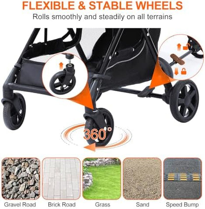 Dog Stroller with No-Zip Buckle Canopy, fits 2 Small Cats or 1 Medium pet,44 lbs Capacity One-Hand Fold,Lockable Front Wheels, Rear Brake