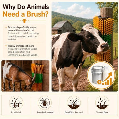 Bionic Curve Livestock Scratching Brush for Cattle, Cows, Goats, Horses and Pigs - Body-Contoured Farm Animal Scratcher Post, Heavy Duty Livestock Grooming Brush with 8 Screws, 2 Pack