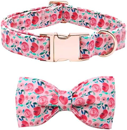 Dog Collar Pink Flowers Print Girl Cute Puppy Collar with Bow Adjustable Metal Buckle Collar Gift Collars for Large Dogs
