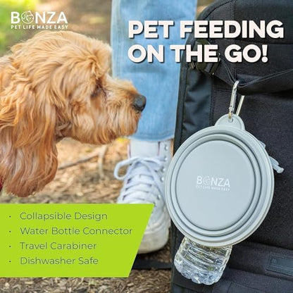Bonza Collapsible Dog Bowls - Small 12 oz, Dog Travel Accessories, Silicone Portable Dogs Bowl & Water Dish with Reinforced Rim & Carabiner for Hiking, Camping, and Car Trips, Black