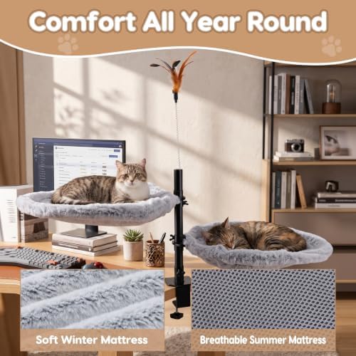 Gugxiom Double Cat Desk Bed, 360° Rotating & Adjustable Height, 4pcs 15.7in Summer/Winter Cat Mats, for Home Office Cats Small Pet, Supports up to 44 lbs
