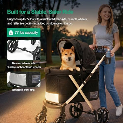 JWX Dog Stroller for Medium Dogs, 77 lb Capacity, One-Hand Fold, Black