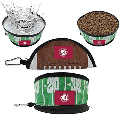 Pets First NCAA Alabama Crimson Tide Collapsible Dog Travel Bowl, Food and Water Bowl for Dogs & Cats. Lightweight Leak-Proof Pet Bowl for Travel with Football Field & Pebble-Grain Design