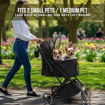 Bicystar Foldable Dog Stroller for Small Medium Dogs & Cats, 45 lbs, Grey