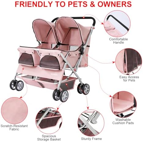 Double Pet Stroller for 2 Small Dogs & Cats, Side-by-Side Twin Travel Carriage with Safety Leashes, Mesh Windows & Double Storage Baskets, Lightweight & Foldable, 44lbs Capacity, Pink