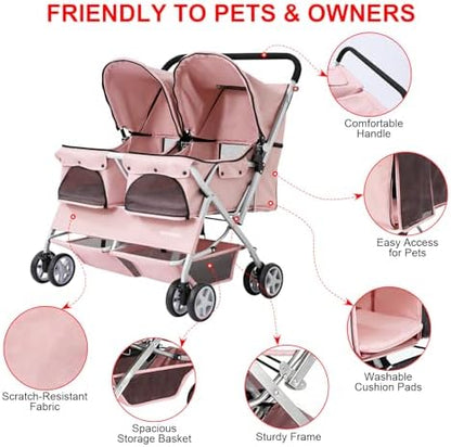 Double Pet Stroller for 2 Small Dogs & Cats, Side-by-Side Twin Travel Carriage with Safety Leashes, Mesh Windows & Double Storage Baskets, Lightweight & Foldable, 44lbs Capacity, Pink