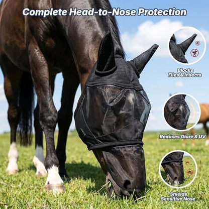 Horse Fly Mask with Ears & Detachab Nose Cover, Medium