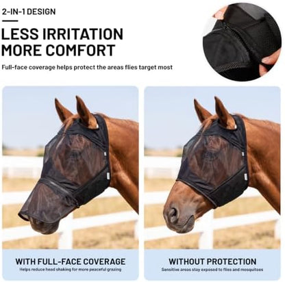 UV Fly Mask for Horses Without Ears, Removable Nose, Medium