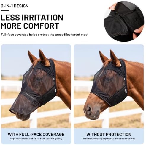 Horse Fly Mask Without Ears, Removable Nose Cover, Large