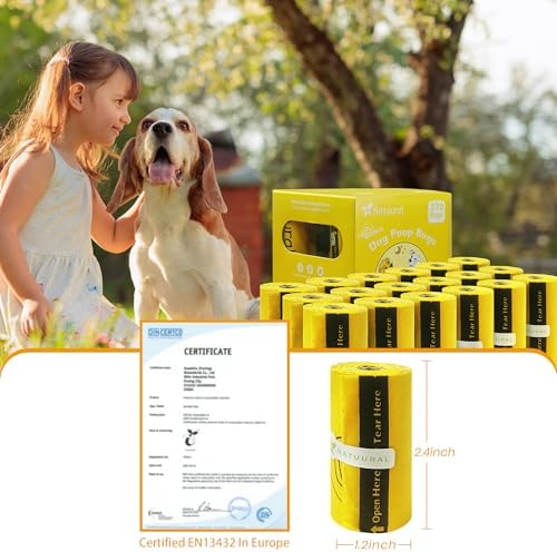 Certified Compostable Dog Poop Bags-270Bags 18Rolls, Poop Bags for Dogs Made of Cornstarch - ASTM D6400 By USA, 100% Leakproof & 20% Extra Thick, Unscented Dog Waste Bags (Yellow)