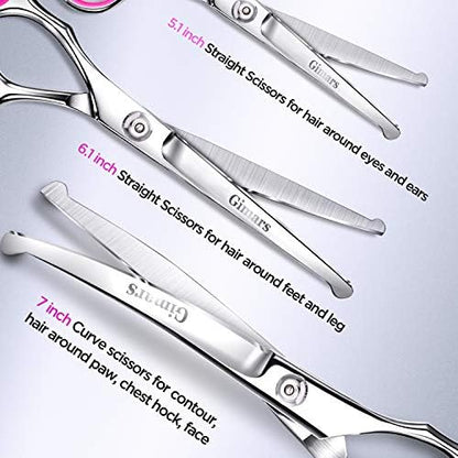 Gimars Professional 4CR Stainless Steel 6 in 1 Grooming Scissors for Dogs with Safety Round Tip, Heavy Duty Titanium Coated Pet Grooming Scissor for Dogs, Cats and Other Animals