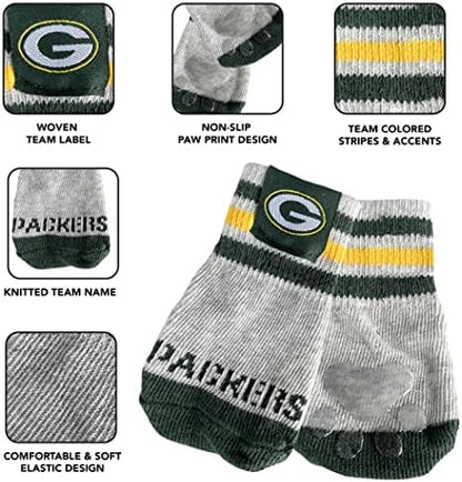 NFL Green Bay Packers Anti Slip Dog Socks with Elastic Ribbed Top, Size X-Small/Small. Indoor/Outdoor Socks, Best Dog Paw Protector, 2 Pairs, Cool Puppy Supplies with NFL Logo of Packers Team