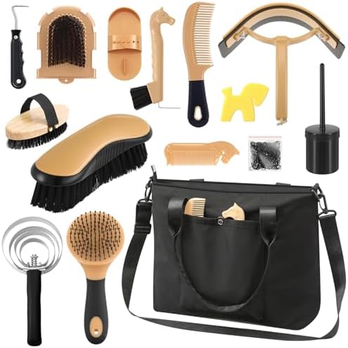 Abbylike 15 Pieces Horse Grooming Kit with Organizer Tote Bag Tack Room Supplies Horse Brush Sets Care Equine Cleaning Kit Shedding Grooming Massaging Tools(Black)