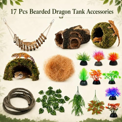 17 Pcs Bearded Dragon Tank Accessories Hermit Crab Accessories Natural Habitat Toy Artificial Moss and Plants Suction Cups for Lizard Chameleon Leopard Gecko Reptile Amphibian Tank Decoration