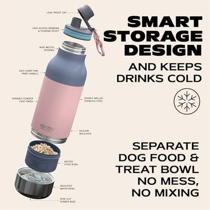Asobu Barky Bottle a Stainless Steel Insulated Water Bottle for with Removable Dog Water Bowl and Dog Food and Treat Storage Bowl (Pastel Pink, 34 Oz)