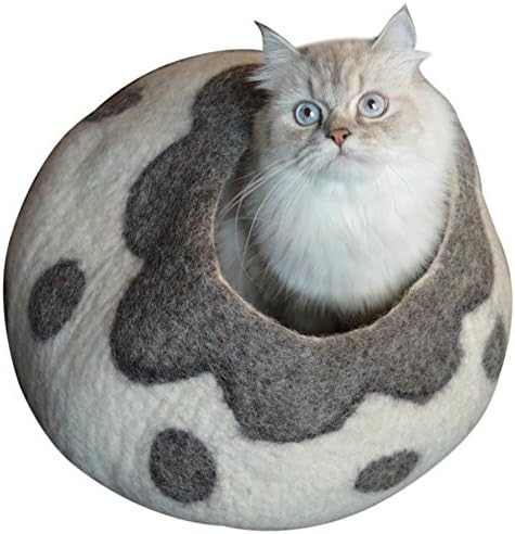 Cat Cave Bed - Gray White Handmade Felted Wool, Large Covered Cozy Cocoon, Indoor Hideaway Igloo House, Also Perfect Kitten Gift, By Earthtone Solutions (Cozy Pueblo)