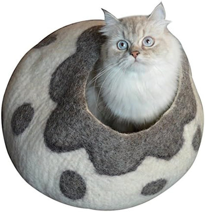 Cat Cave Bed - Gray White Handmade Felted Wool, Large Covered Cozy Cocoon, Indoor Hideaway Igloo House, Also Perfect Kitten Gift, By Earthtone Solutions (Cozy Pueblo)