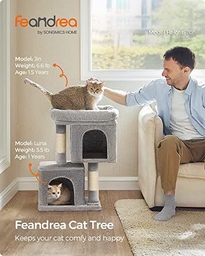 Feandrea Cat Tree, 26.4-Inch Small Cat Tower, Cute Plush Condo, Light Gray