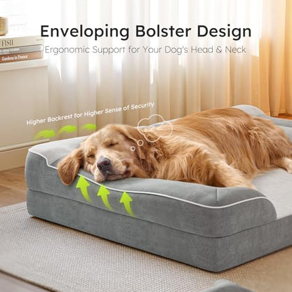 CWAWZ Extra Large Dog Bed, Orthopedic Dog Bed with Cooling Gel Memory Foam, Waterproof XL Pet Bed with Removable Washable Cover, 42" Pet Sofa Couch Dutch Velvet with Bone Toy, Light Gray