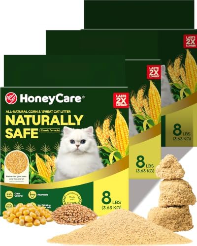 HONEY CARE All-Natural Corn & Wheat Clumping Cat Litter, Flushable, Low Dust, Odor Control, 24 lbs, 3-Pack