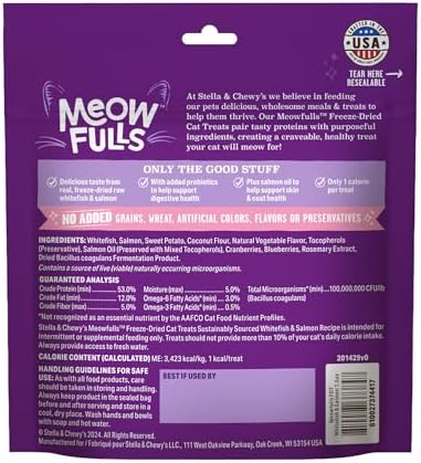 Stella & Chewy's Meowfulls Freeze Dried Cat Treats - Whitefish & Salmon Recipe - Raw Protein with Probiotics & Salmon Oil - 1 Calorie Per Treat - 1.5 oz