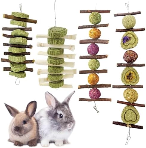 Hamiledyi 4PCS Bunny Chew Toys Rabbit Toys for Teeth Grinding Natural Fruit Sticks Organic Timothy Grass Cakes Chew Toys and Treats for Rabbit Bunny Guinea Pig Hamster Chinchilla
