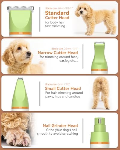 unibono Dog Grooming Kit with Paw Trimmer, All-in-One Low Noise Electric Rechargeable Small Quiet Pet Clippers Foot Dog Hair Shaver with Stainless Steel Scissors and Comb for Dogs at Home (Green)