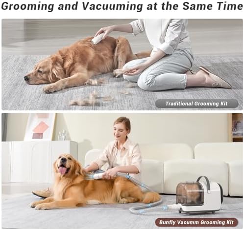 Bunfly Dog Grooming Kit,13000Pa Strong Grooming & Vacuum Suction 99.99% Pet Hair, 16 Pet Grooming Tools for Dogs Cats, 3L Large Capacity Dust Cup, Quiet Pet Vacuum Groomer (Grey)