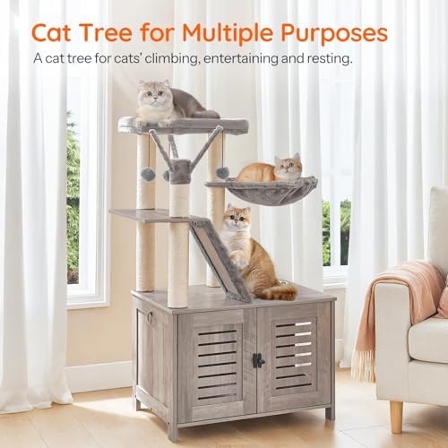 HOOBRO Cat Tree with Litter Box Enclosure, 44" Tall Wooden Cat Tower with Scratching Posts, Cat Hammock, Hidden Litter Box Furniture, All-in-One Indoor Cat Condo, Greige BG48MZ03