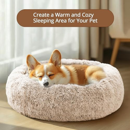JOLLYVOGUE Calming Dog Bed Medium Size Dog, Anti-Anxiety Donut Medium Pet Bed, 27 inches Fluffy Faux Fur Round Cat Bed (Cream Brown)