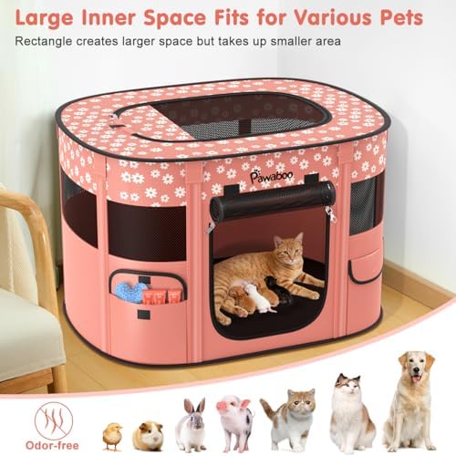 Pawaboo Portable Dog Playpen, 600D Oxford Pet Tent, Light Pink Flowers