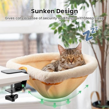 JUNSPOW Cat Desk Bed One-Click Folding Maximum Holds 40lb, Cream Fur