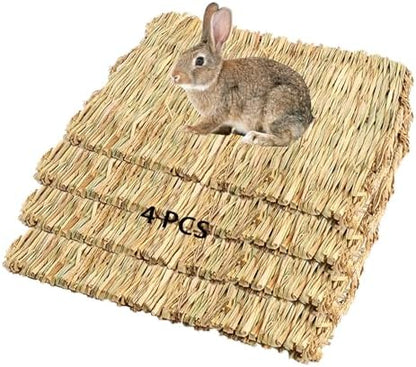 PINVNBY Straw Mats for Rabbits,11.0"x8.3" Natural Bunny Grass Mat,Handwoven Rabbit Hay Mat Small Animal Bedding Chewable & Cooling Mat - Eco-Friendly Cage Liner Nesting Toy(4 PCS)