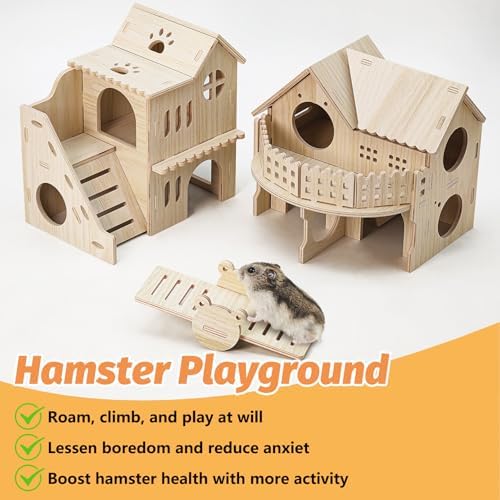 BNOSDM Wooden Hamster Hideout House Gerbil Toy with Balcony & Seesaw