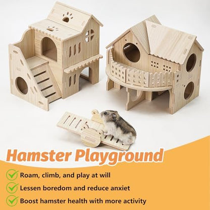 BNOSDM Wooden Hamster Hideout House Gerbil Toy with Balcony & Seesaw